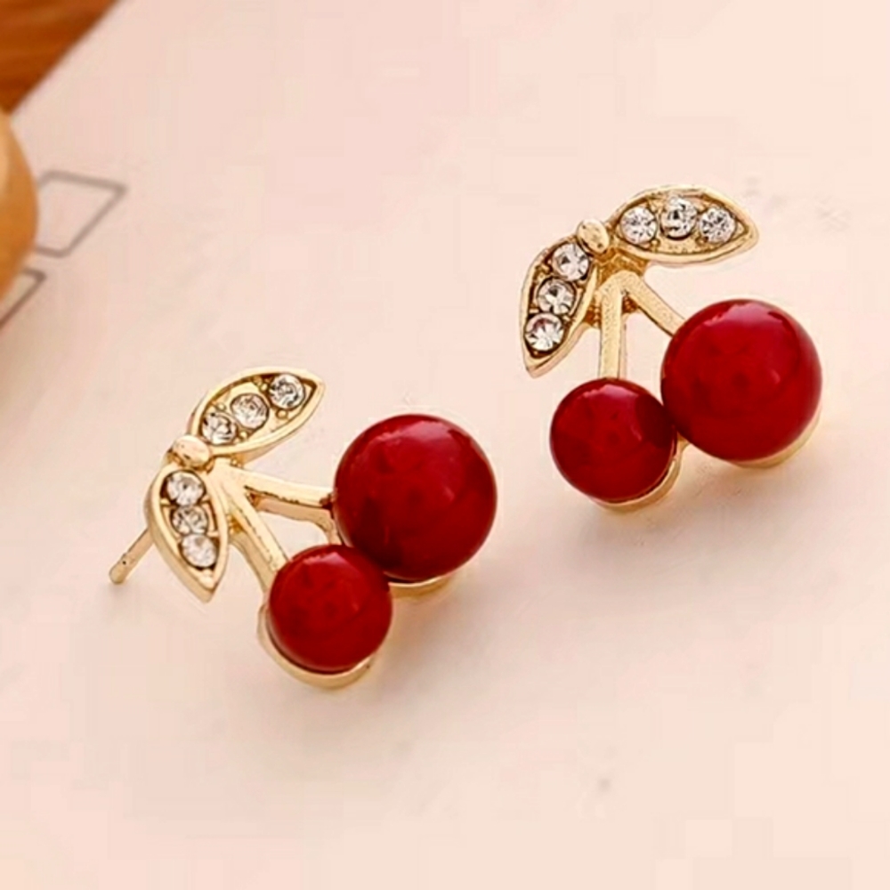 Dark Red Cherry Earrings - Picture 4 of 4